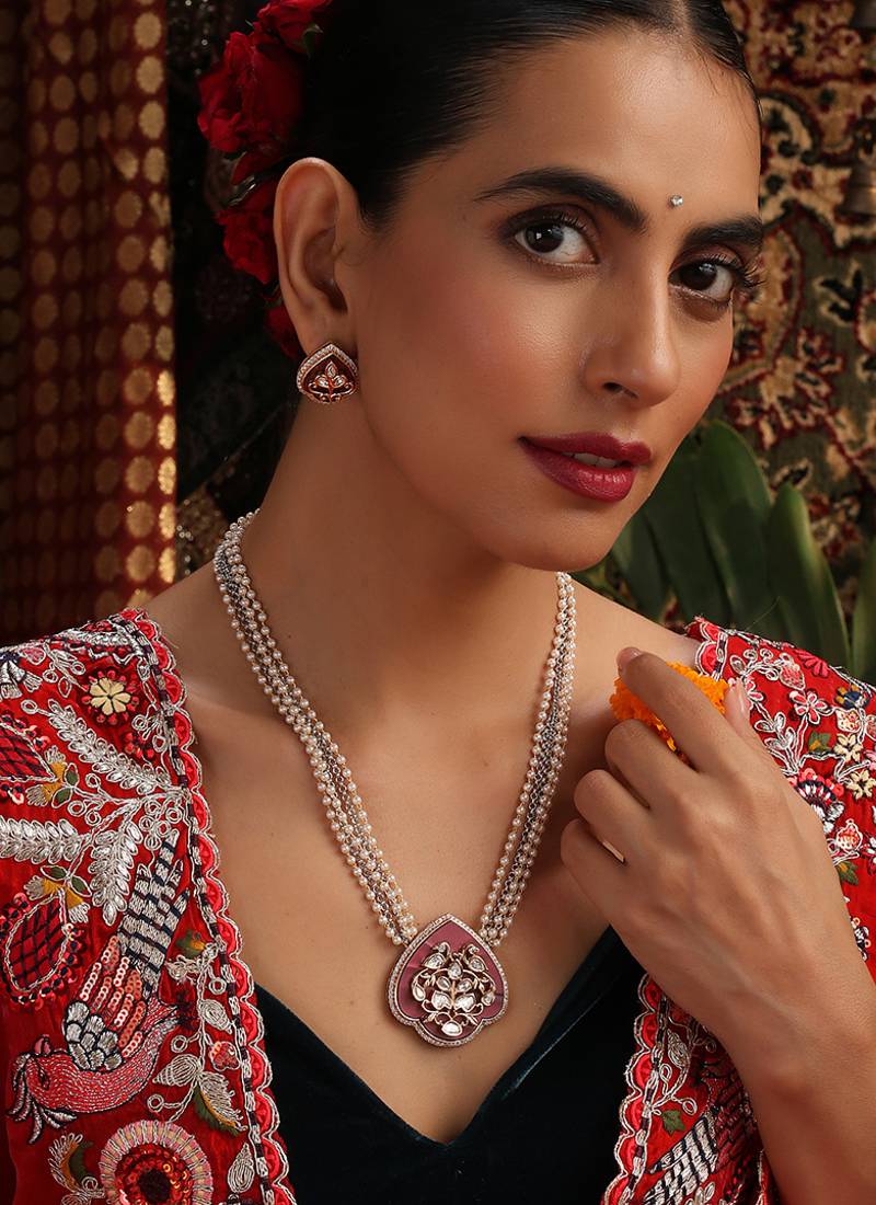 Gold plated kundan red stones pendant necklace set