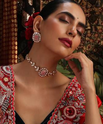Rose gold plated kundan pink stones choker necklace set 1