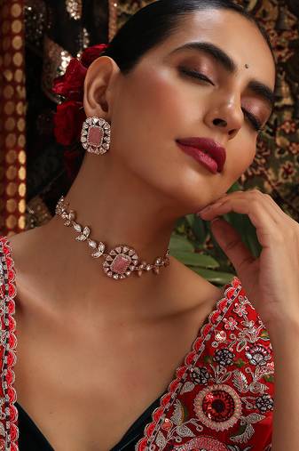 Rose gold plated kundan pink stones choker necklace set