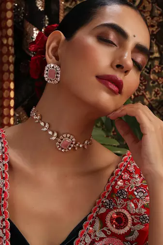 Rose gold plated kundan pink stones choker necklace set