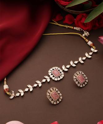 Rose gold plated kundan pink stones choker necklace set 2
