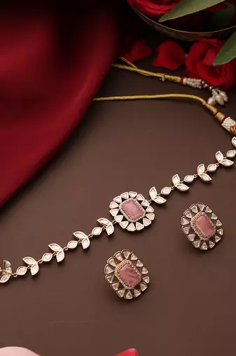 Rose gold plated kundan pink stones choker necklace set
