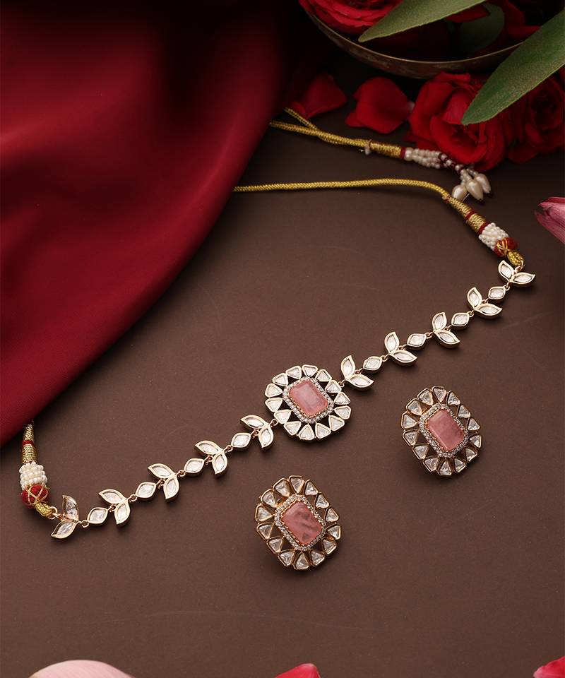 Rose gold plated kundan pink stones choker necklace set