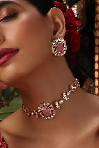 Rose gold plated kundan pink stones choker necklace set