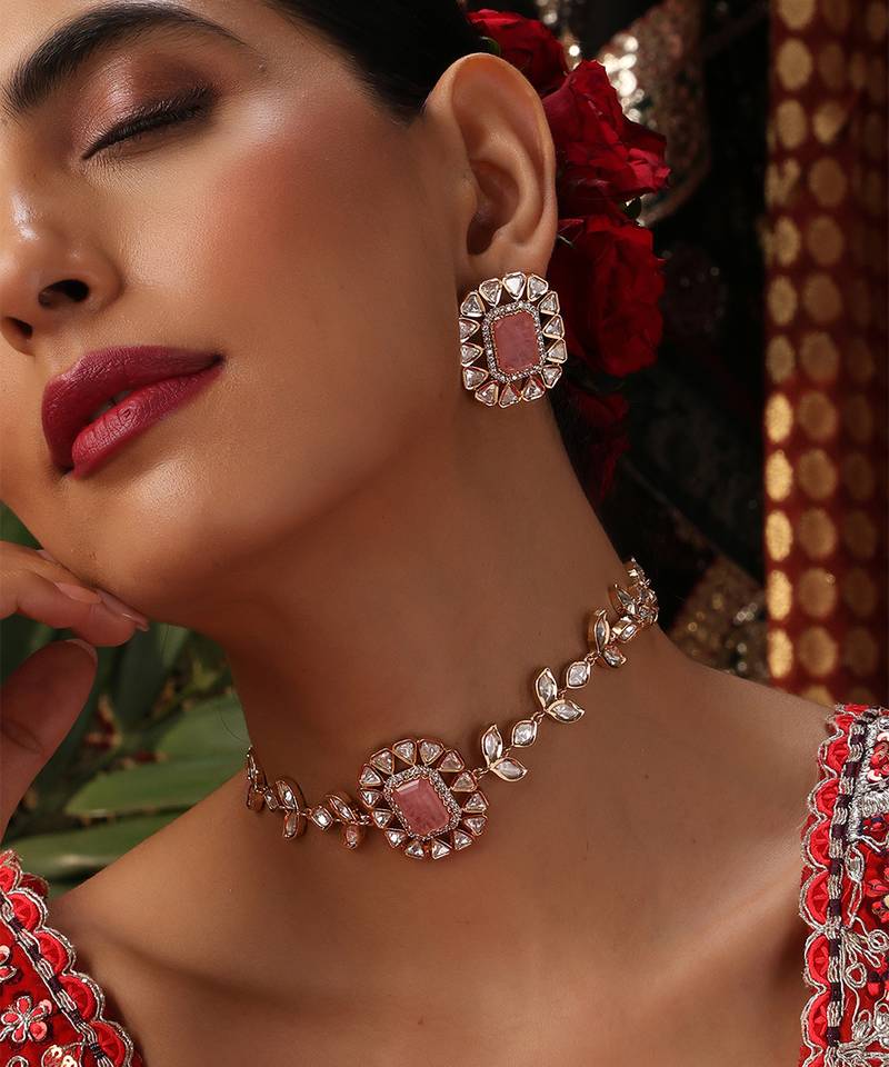 Rose gold plated kundan pink stones choker necklace set