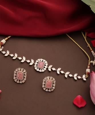 Rose gold plated kundan pink stones choker necklace set 4