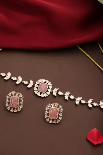 Rose gold plated kundan pink stones choker necklace set