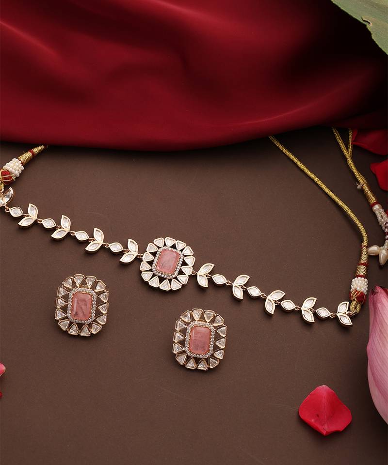 Rose gold plated kundan pink stones choker necklace set