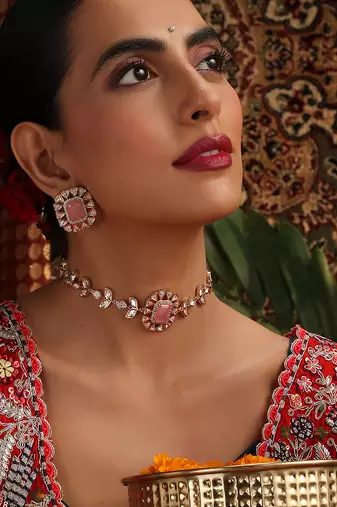 Rose gold plated kundan pink stones choker necklace set