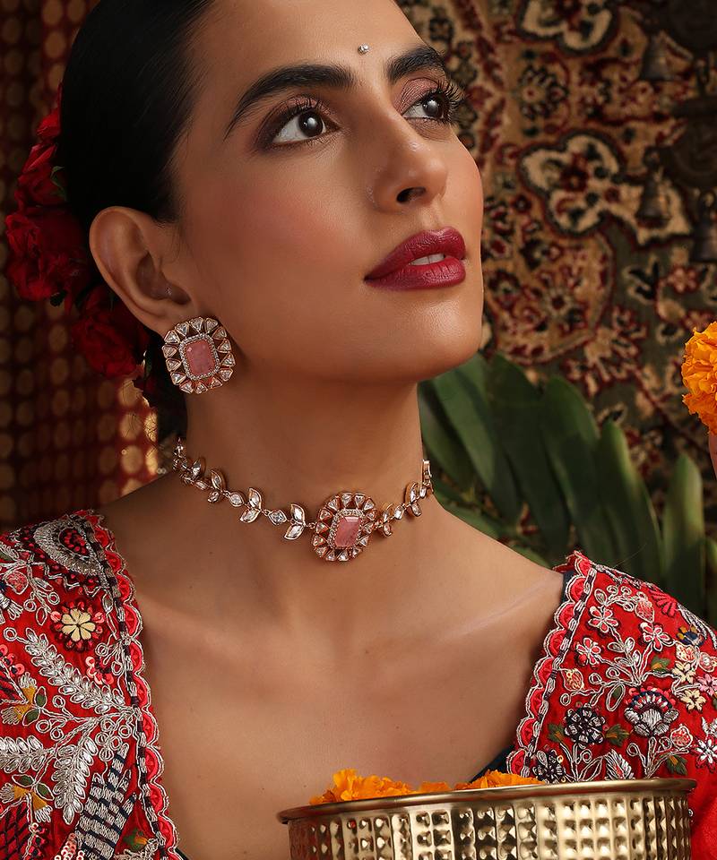 Rose gold plated kundan pink stones choker necklace set