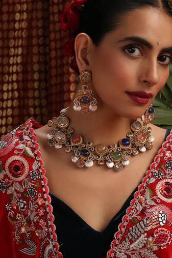 Gold plated kundan multicolor stones necklace set