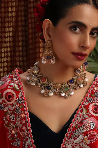 Gold plated kundan multicolor stones necklace set