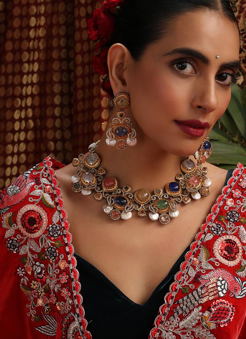 Gold plated kundan multicolor stones necklace set