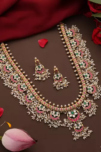 Gold plated kundan multicolor stones necklace set