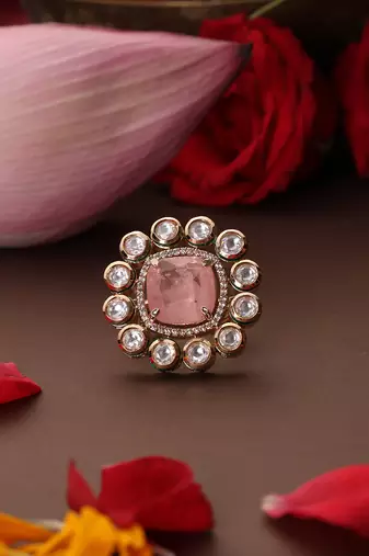 Gold plated kundan pink stone ring