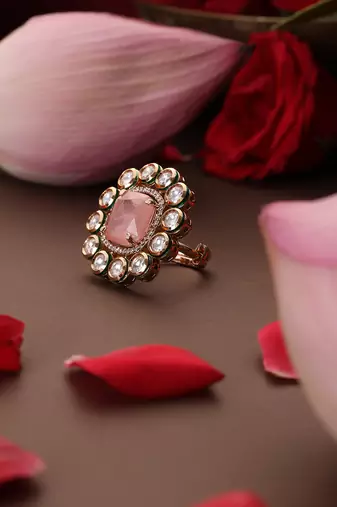 Gold plated kundan pink stone ring