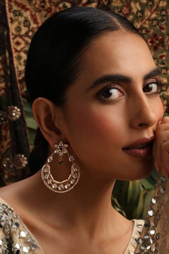 Gold plated kundan green stones chandbali earrings