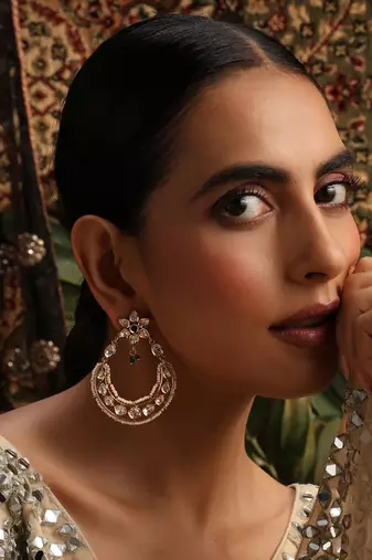 Gold plated kundan green stones chandbali earrings