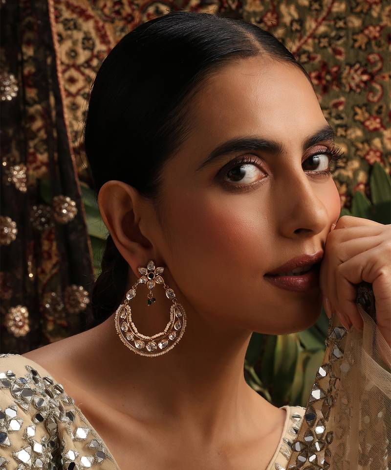 Gold plated kundan green stones chandbali earrings