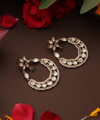 Gold plated kundan green stones chandbali earrings 2