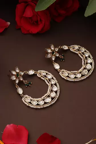 Gold plated kundan green stones chandbali earrings