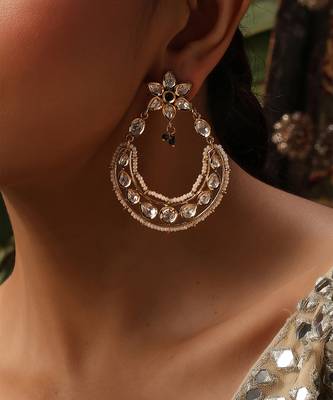 Gold plated kundan green stones chandbali earrings 3