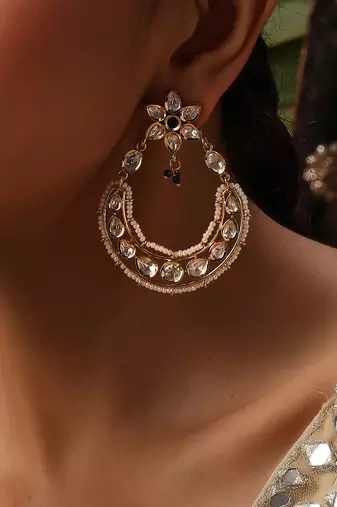 Gold plated kundan green stones chandbali earrings