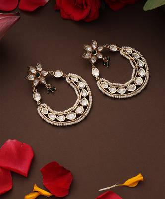 Gold plated kundan green stones chandbali earrings 4