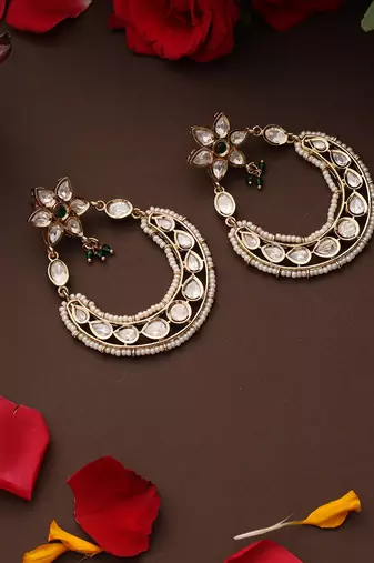 Gold plated kundan green stones chandbali earrings