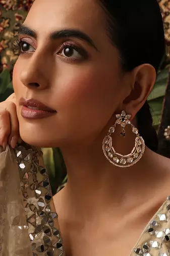 Gold plated kundan green stones chandbali earrings