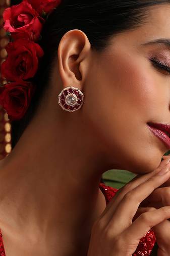 Gold plated kundan red stone stud earrings