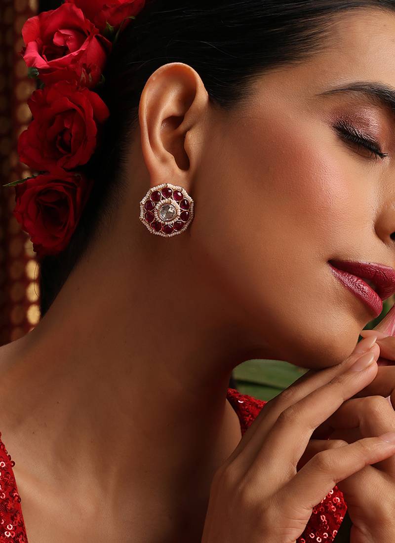 Gold plated kundan red stone stud earrings