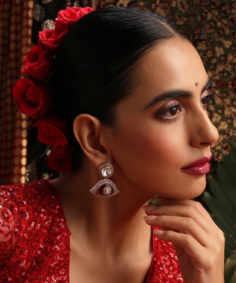 Gold plated kundan red stone earrings