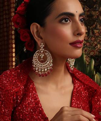 Gold plated kundan red stone chandbali earrings 1