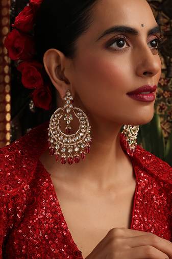Gold plated kundan red stone chandbali earrings
