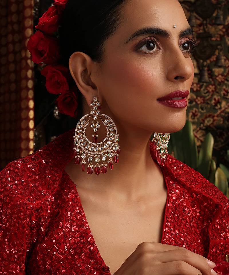 Gold plated kundan red stone chandbali earrings