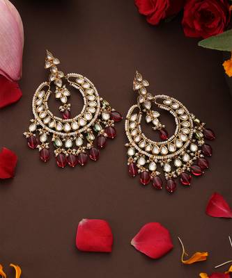 Gold plated kundan red stone chandbali earrings 2
