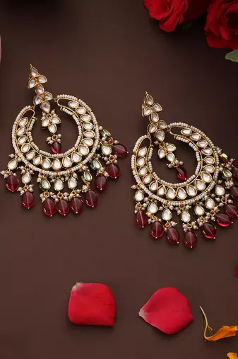 Gold plated kundan red stone chandbali earrings