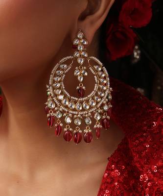Gold plated kundan red stone chandbali earrings 3