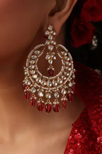 Gold plated kundan red stone chandbali earrings
