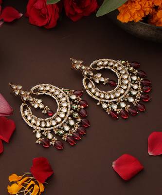 Gold plated kundan red stone chandbali earrings 4