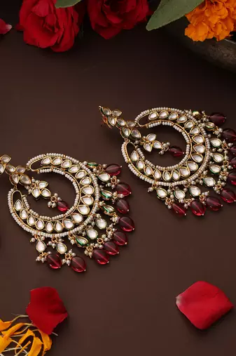 Gold plated kundan red stone chandbali earrings