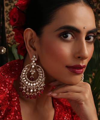 Gold plated kundan red stone chandbali earrings 5