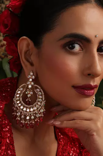 Gold plated kundan red stone chandbali earrings
