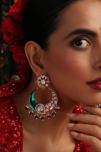 Gold plated kundan green stone chandbali earrings