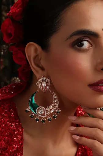 Gold plated kundan green stone chandbali earrings