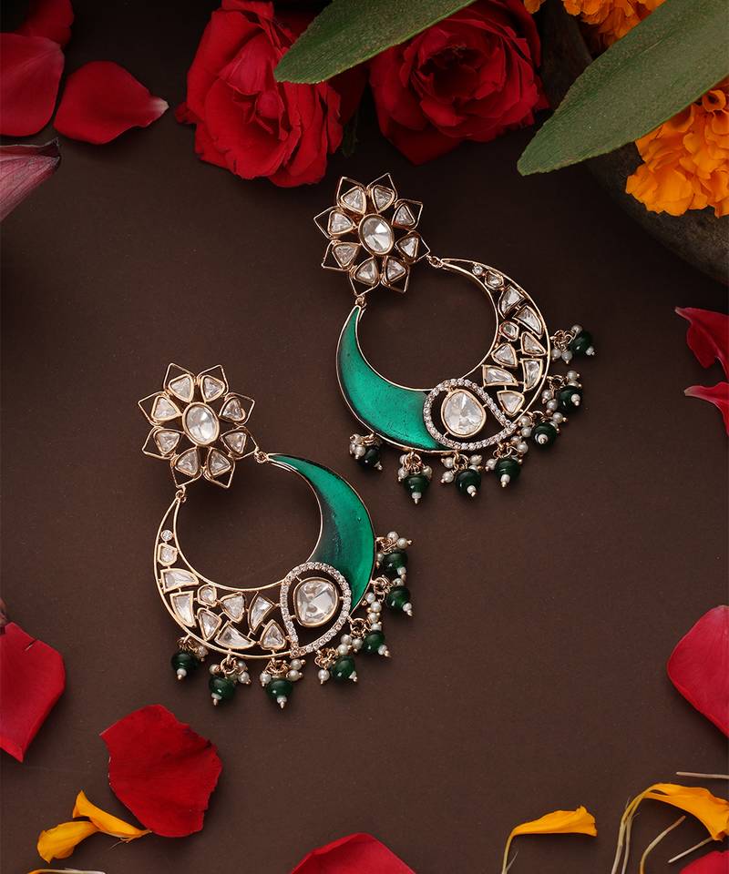 Gold plated kundan green stone chandbali earrings