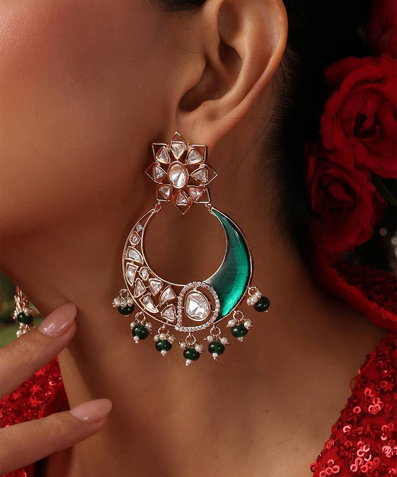 Gold plated kundan green stone chandbali earrings