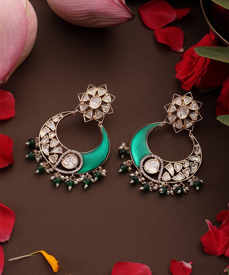 Gold plated kundan green stone chandbali earrings