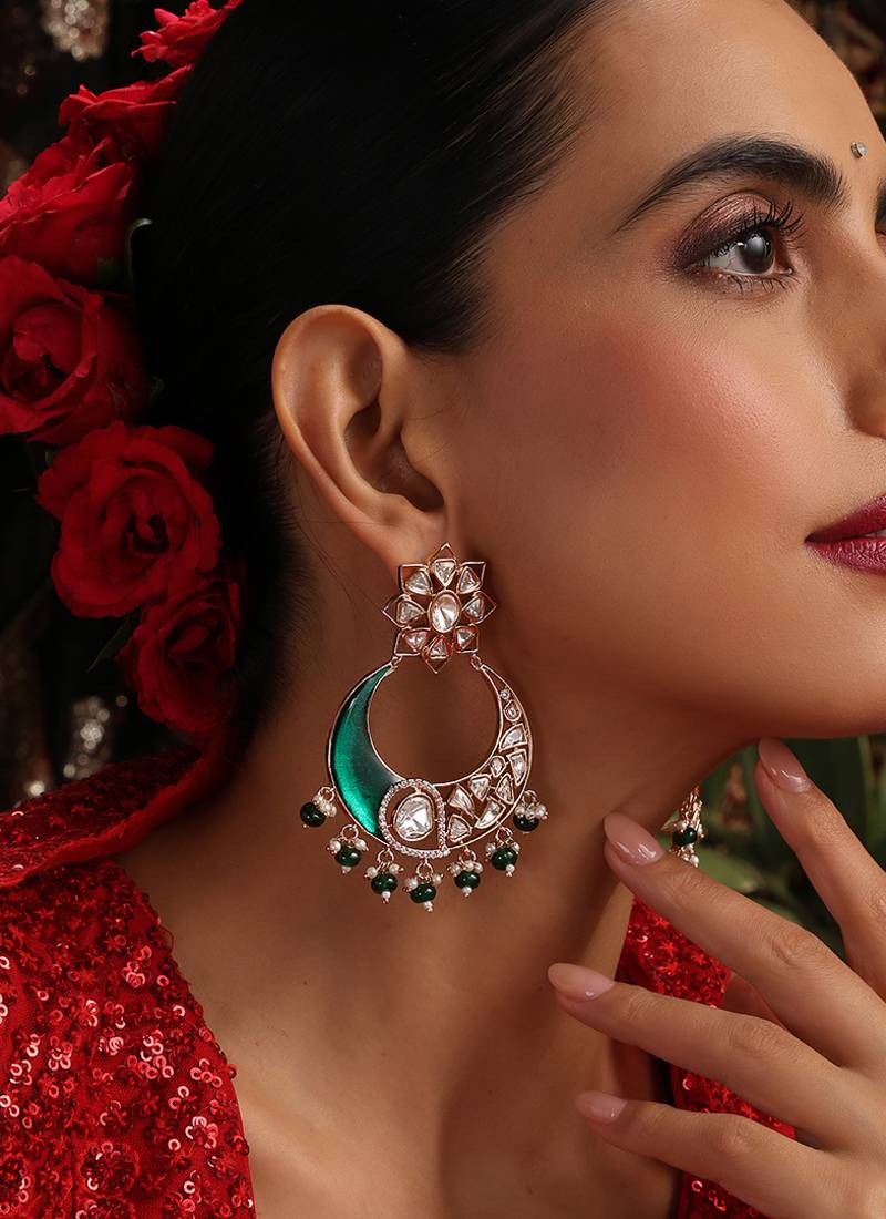 Gold plated kundan green stone chandbali earrings